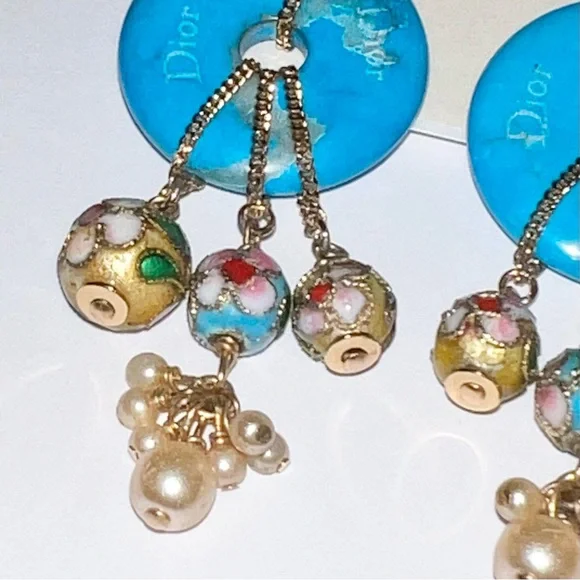 AUTH VTG 2006 Christian Dior Gold Hook Drop Dangle Blue Gemstone Boho Earrings - Picture 11 of 11